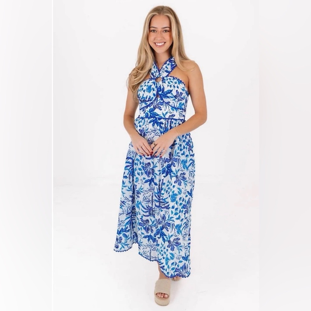 J.MARIE Hayden Sleeveless Ric Rac Trim Midi Dress with Criss Cross Straps